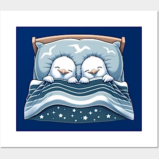 Cute Sea Gulls Sleeping In Bed Together Posters and Art